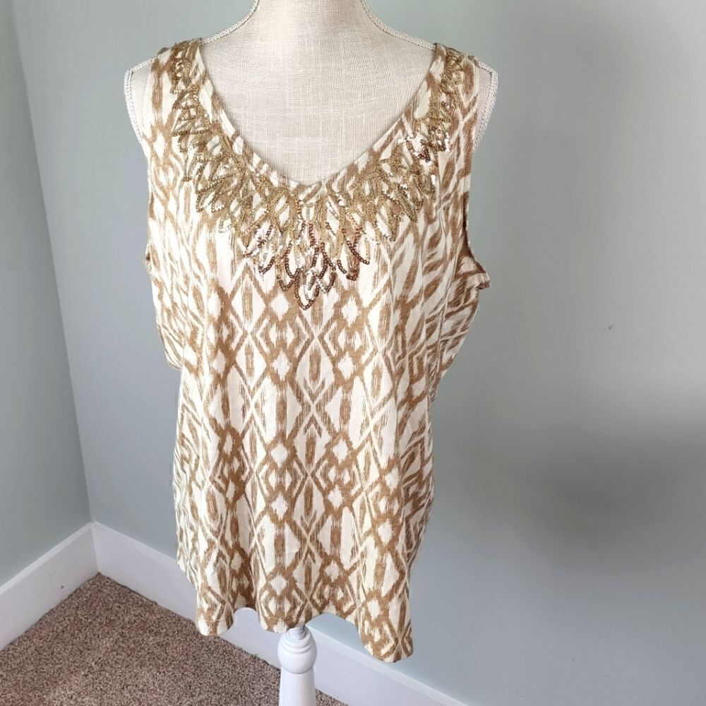 APT 9 WOMEN'S SLEEVELESS TOP  WITH SEQUINS ON FRONT TAN AND WHITE SIZE XL
